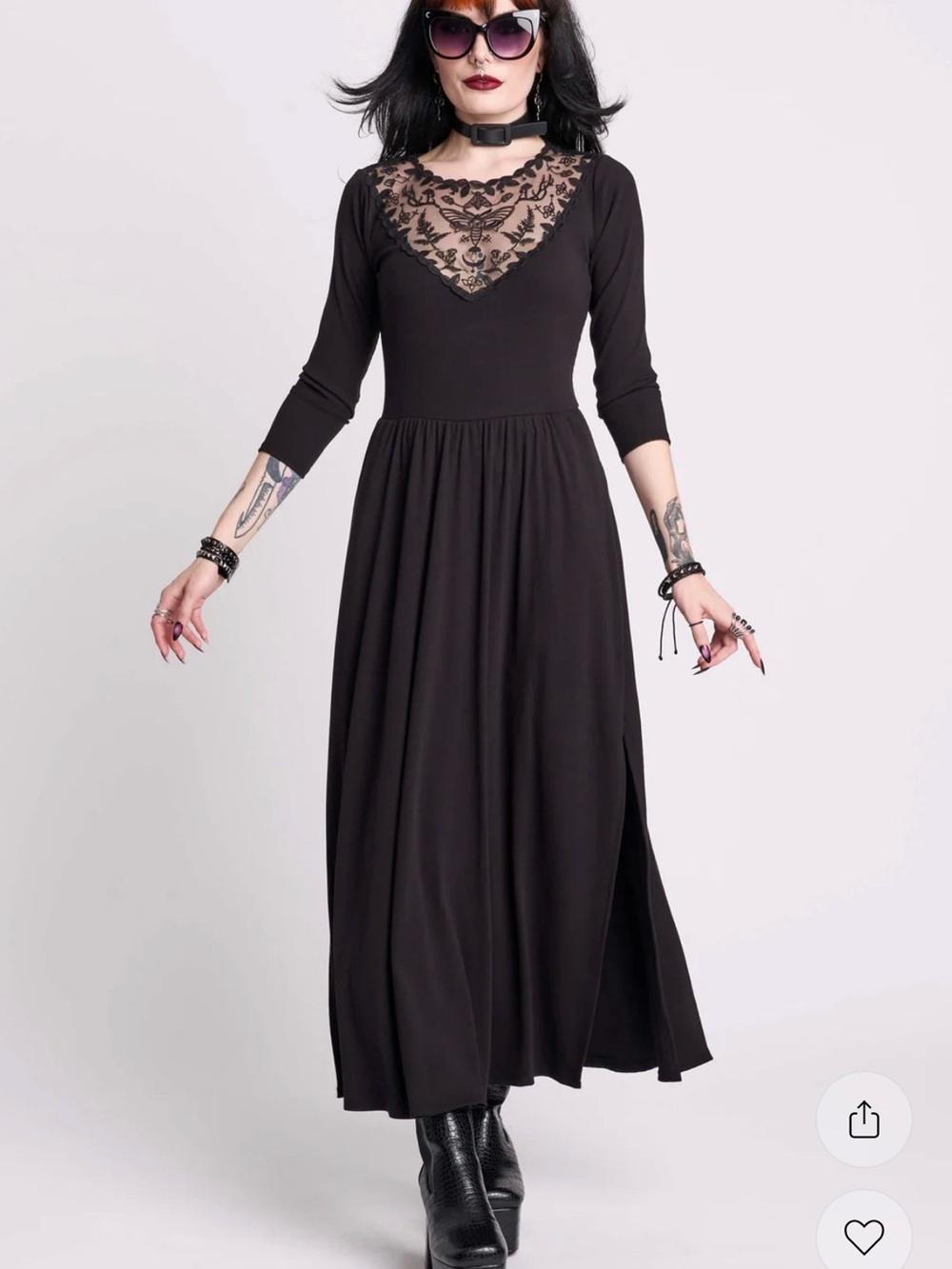 Black Maxi Dress with Lace Yoke - Women